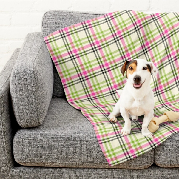 Pink and lime green vintage plaid pet blanket