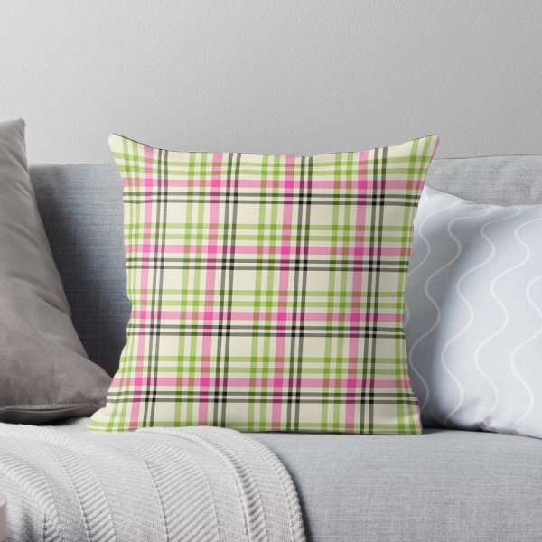 Pink and lime green vintage plaid throw pillow