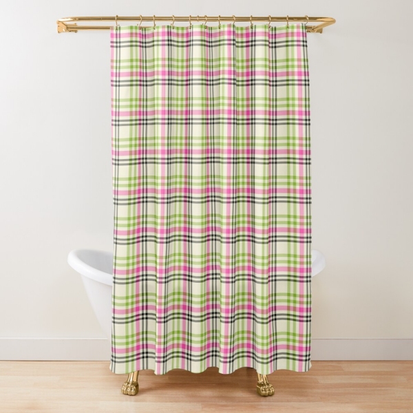 Pink and lime green vintage plaid shower curtain