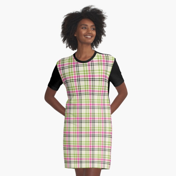 Pink and lime green vintage plaid tee shirt dress