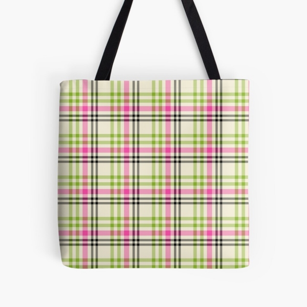 Pink and lime green vintage plaid tote bag