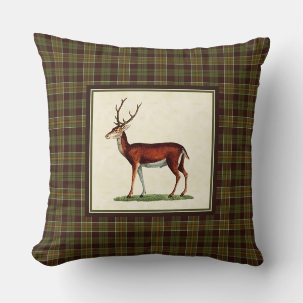 Brown and moss green rustic plaid with vintage deer pillow