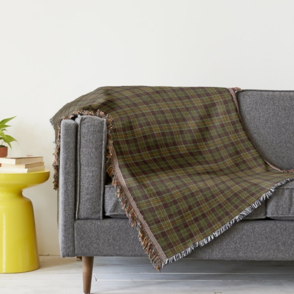 Brown and moss green rustic plaid throw blanket