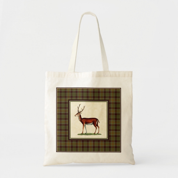 Brown and moss green rustic plaid tote bag with vintage deer