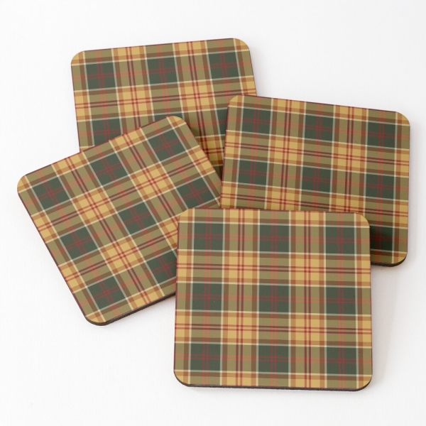 Gold and dark green rustic plaid beverage coasters