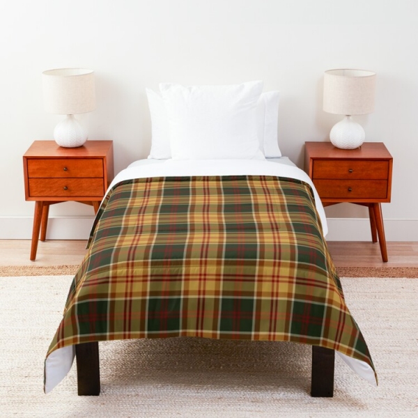Gold and dark green rustic plaid comforter