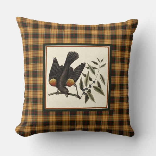 Gold and dark green rustic plaid with vintage blackbird pillow