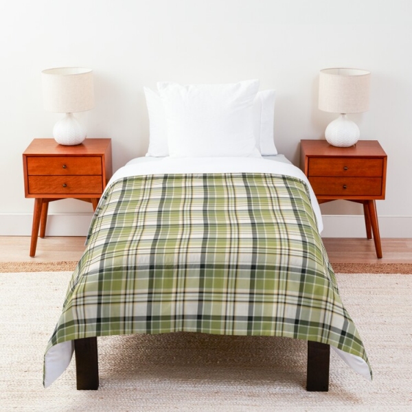 Light green and navy blue rustic plaid comforter