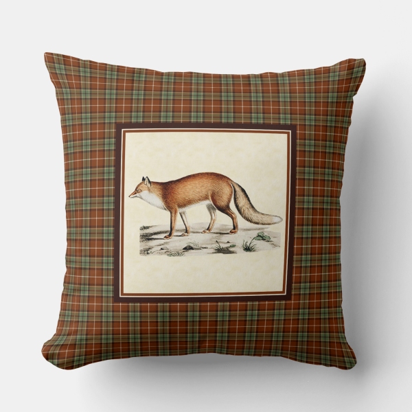 Muted red and green rustic plaid with vintage fox pillow