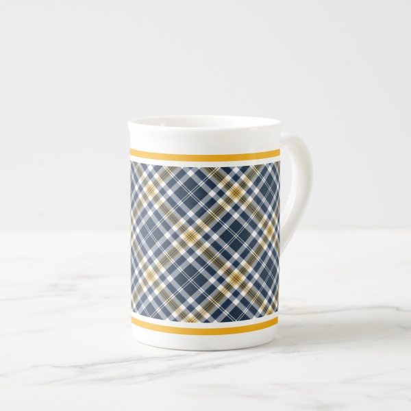 Navy blue and yellow gold sporty plaid bone china mug