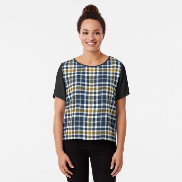 Navy blue and yellow gold sporty plaid chiffon top