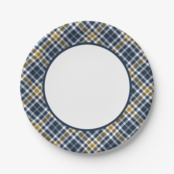 Navy Blue and Yellow Gold Sporty Plaid Paper Plates