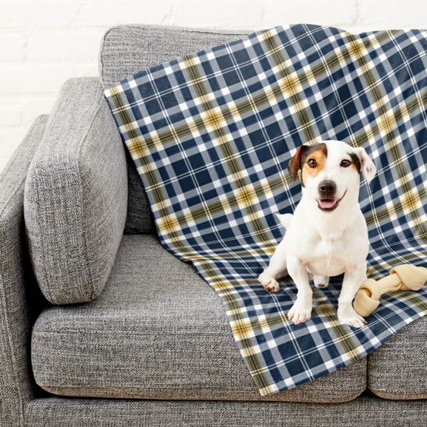 Navy blue and yellow gold sporty plaid pet blanket