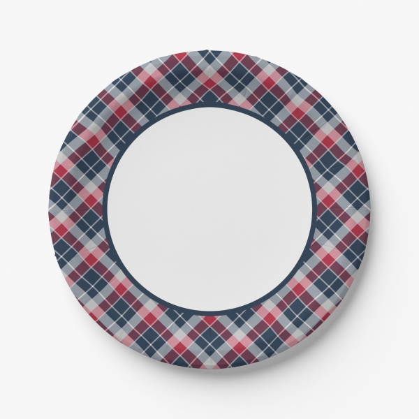 Navy Blue, Red, and Gray Sporty Plaid Paper Plates