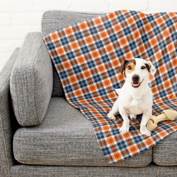 Orange and blue sporty plaid pet blanket