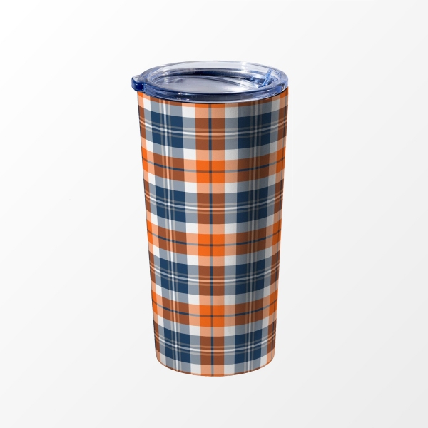 Orange and blue sporty plaid travel mug