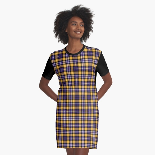 Purple and yellow gold sporty plaid tee shirt dress