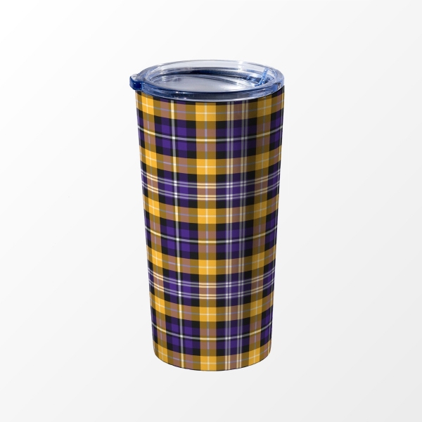 Purple and yellow gold sporty plaid travel mug