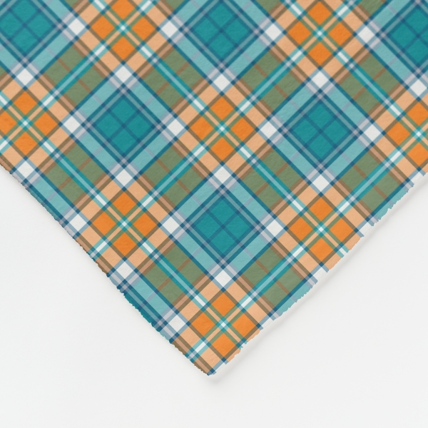 Turquoise and orange sporty plaid fleece blanket