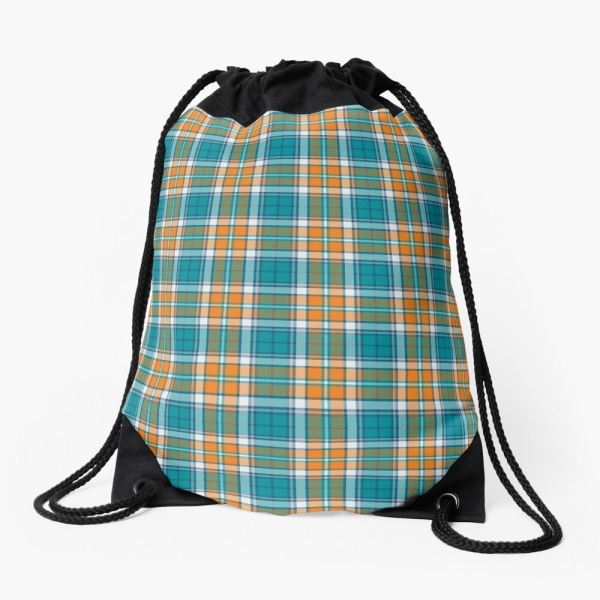 Turquoise and orange sporty plaid drawstring bag