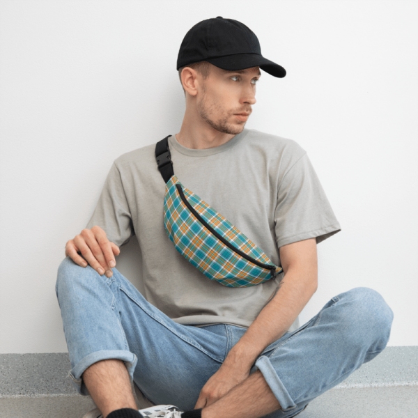 Turquoise and orange sporty plaid fannypack