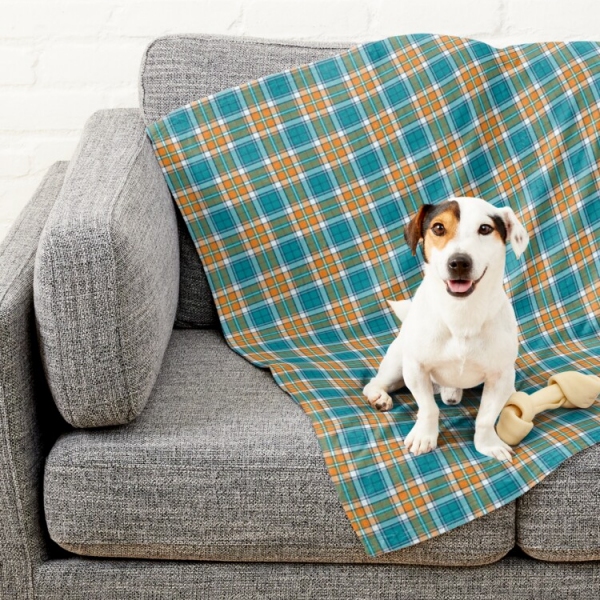 Turquoise and orange sporty plaid pet blanket