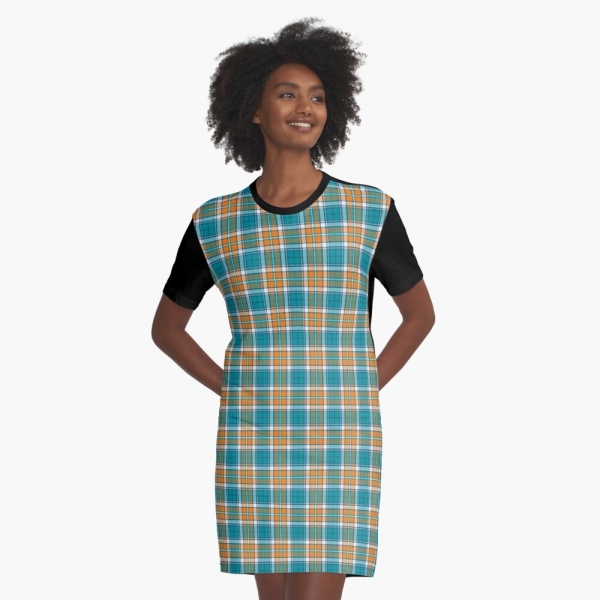 Turquoise and orange sporty plaid tee shirt dress