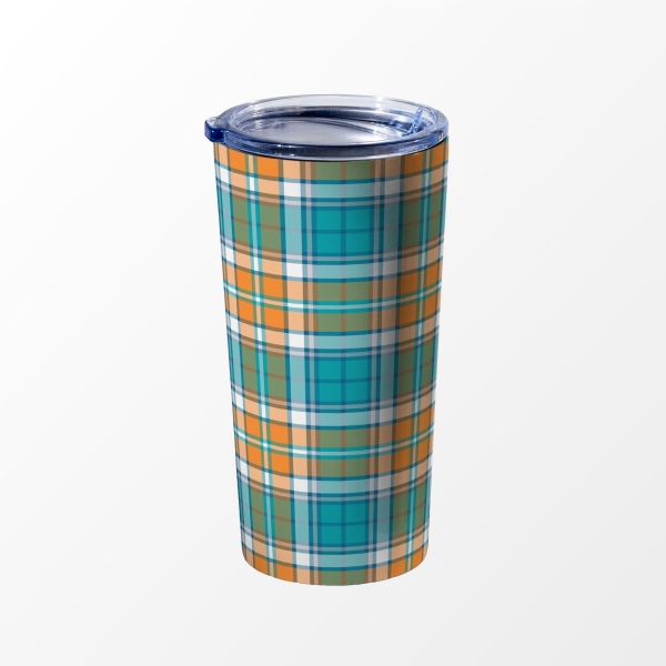 Turquoise and orange sporty plaid travel mug