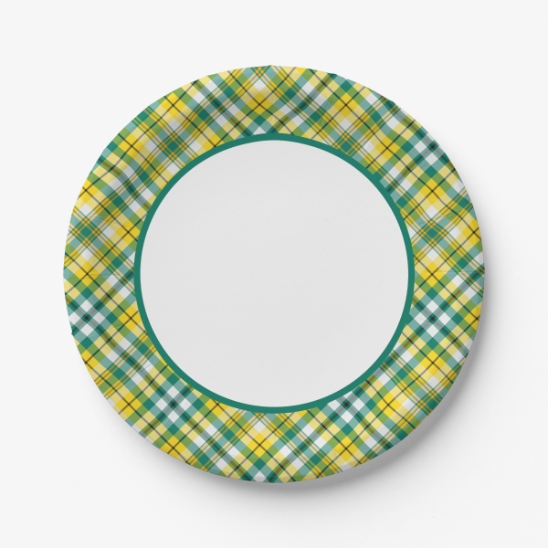 Bright Yellow and Green Sporty Plaid Paper Plates