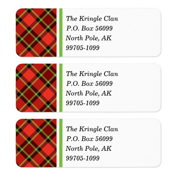 Return address labels with Bright Christmas plaid border