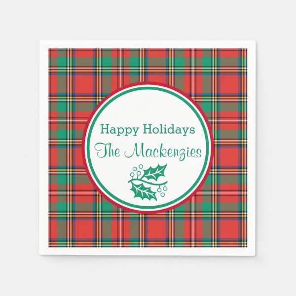 Classic Christmas plaid personalized paper napkins