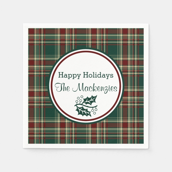 Personalized paper napkins with dark Christmas plaid border