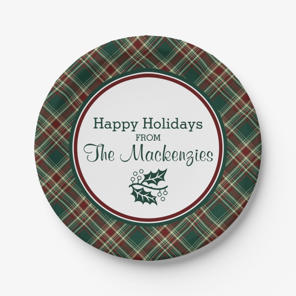 Personalized paper plates with dark Christmas plaid border