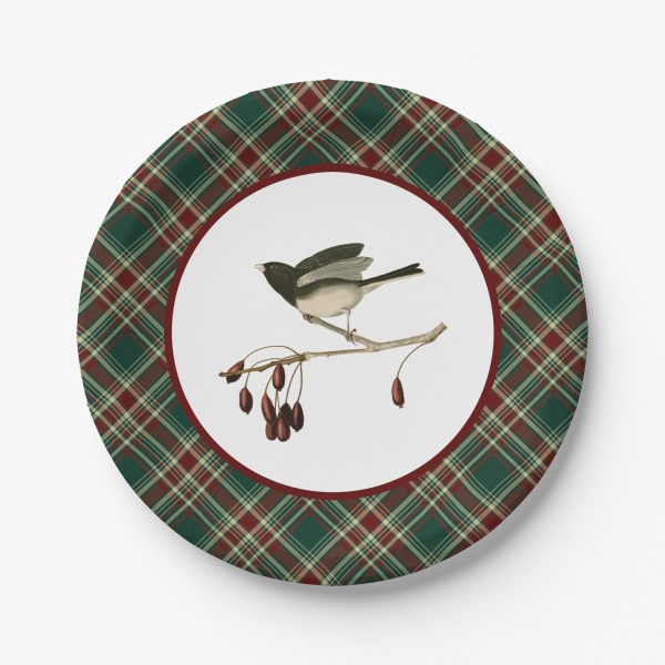 Paper plates with vintage bird and dark Christmas plaid border