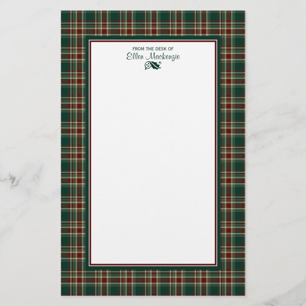 Personalized stationery with Dark Christmas plaid border