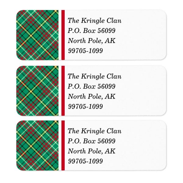 Return address labels with Green Retro Christmas plaid border