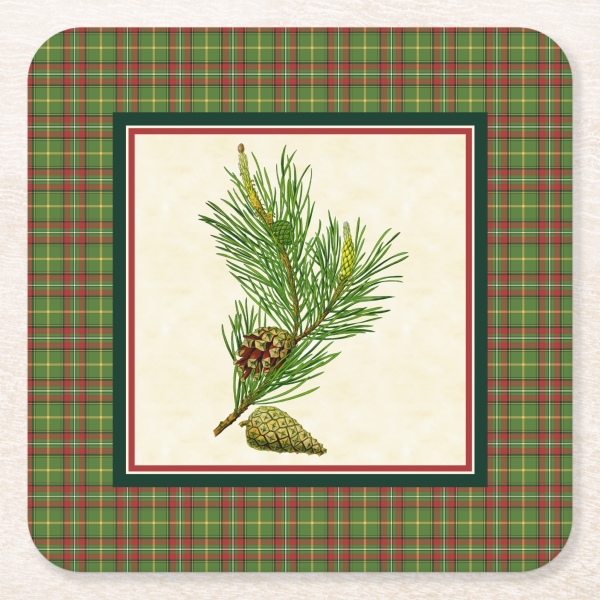 Paper coasters with a Green Christmas plaid border