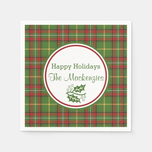 Personalized paper napkins with a Green Christmas plaid border