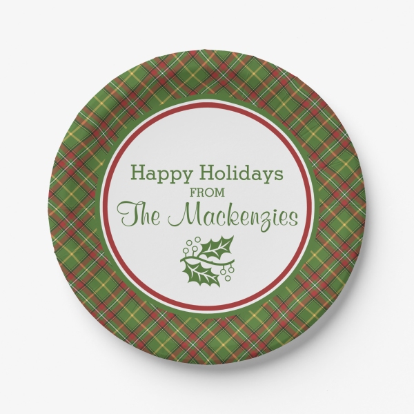 Personalized paper plates with a Green Christmas plaid border