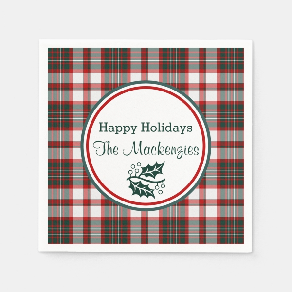 Personalized paper napkins with Light Christmas plaid border