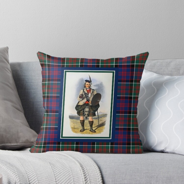 Vintage Highlander portrait with MacDonald of Clanranald tartan throw pillow