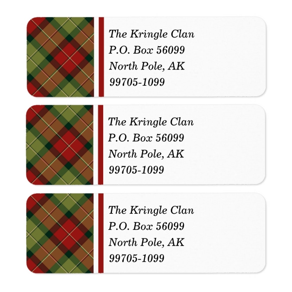 Return address labels with Rustic Christmas plaid border