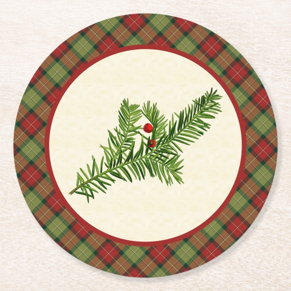 Paper coasters with vintage yew and Rustic Christmas plaid border