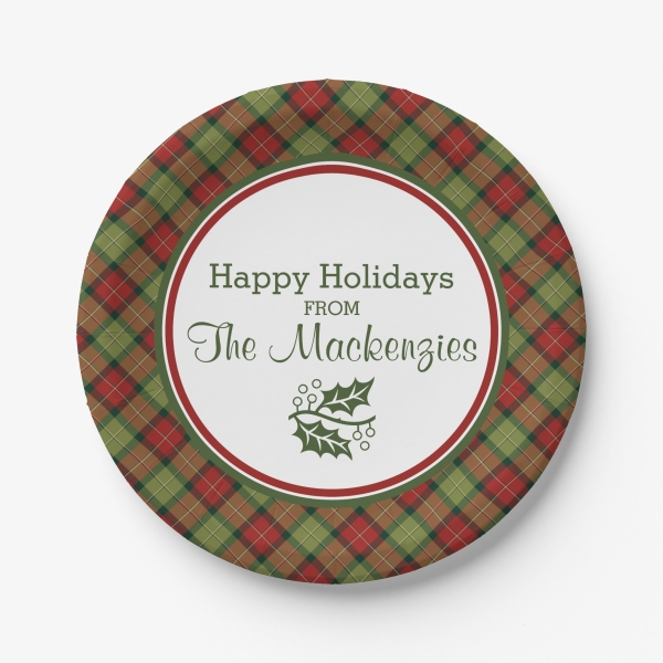 Personalized paper plates with Rustic Christmas plaid border