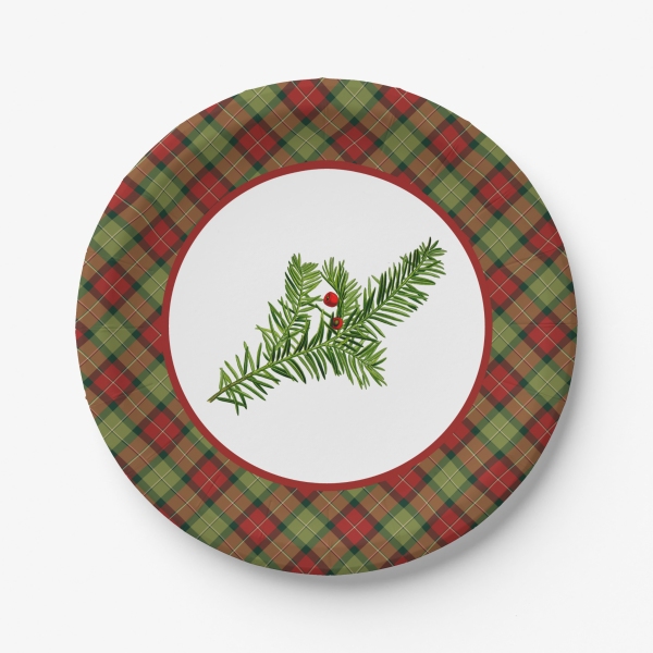 Paper plates with vintage yew and Rustic Christmas plaid border