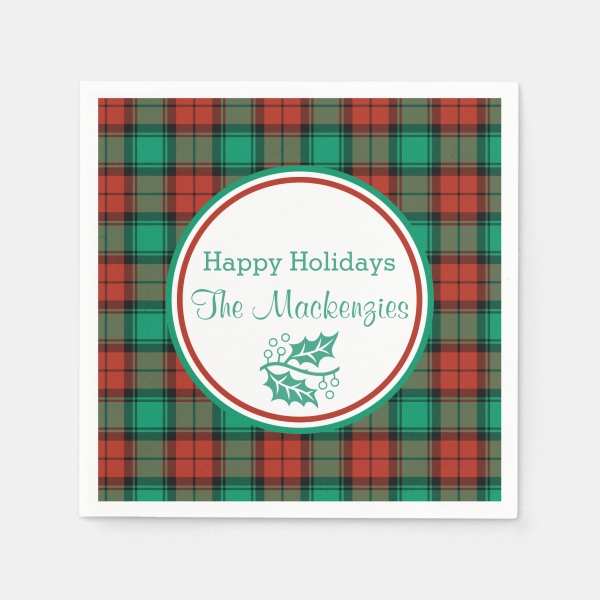 Personalized paper napkins with a Traditional Christmas plaid border