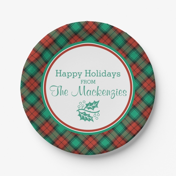 Personalized paper plates with a Traditional Christmas plaid border