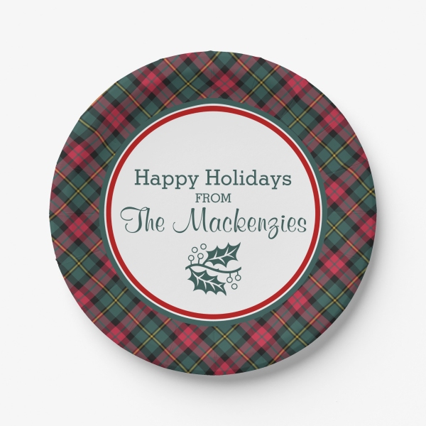 Personalized paper plates with a Vintage Christmas plaid border